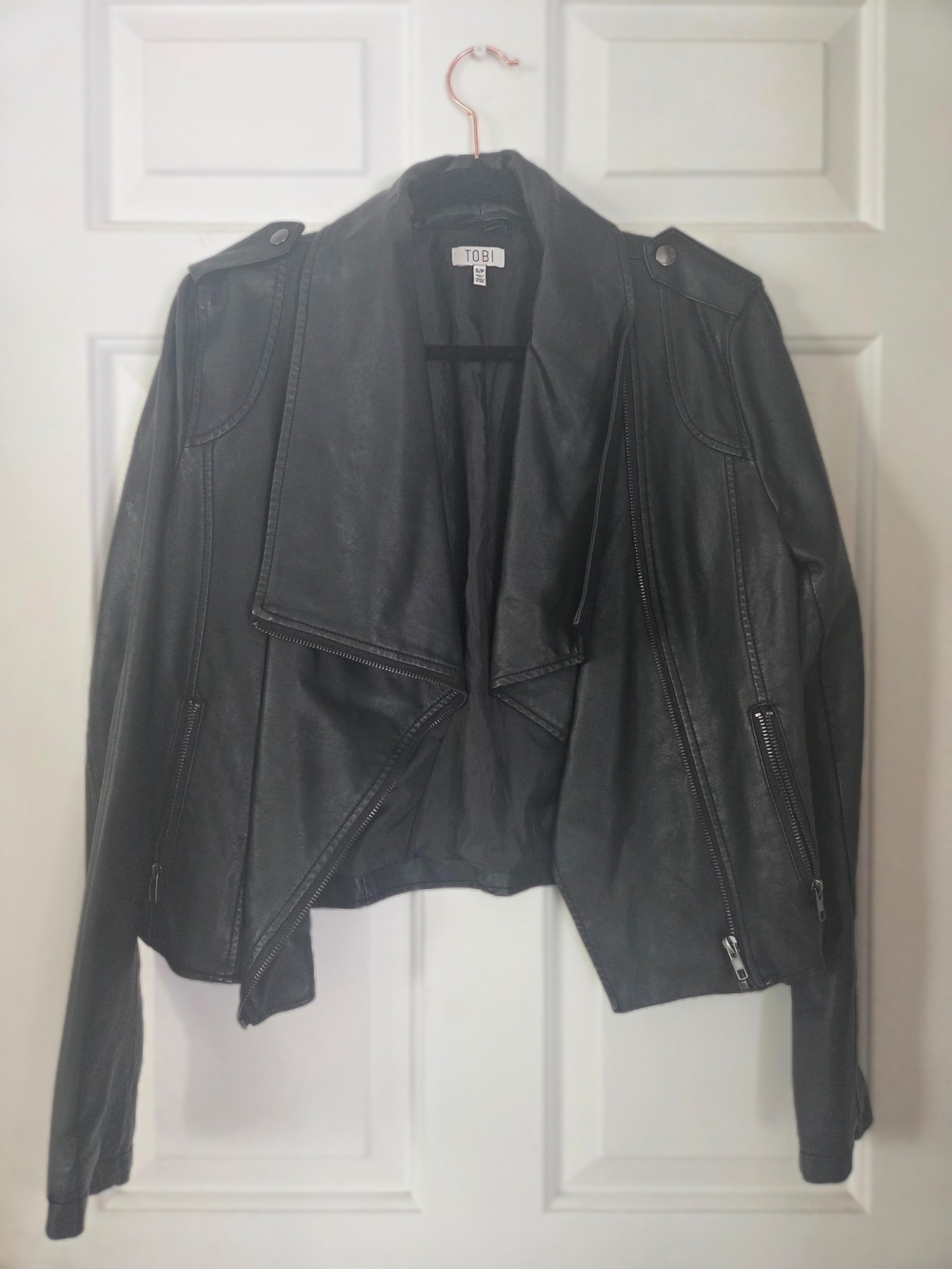 Tobi Black Faux Leather Draped Moto Jacket